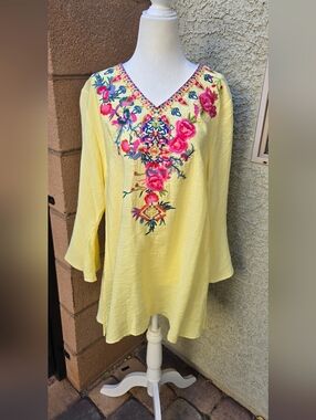 Calessa Yellow Embroidered V-Neck Women's Top